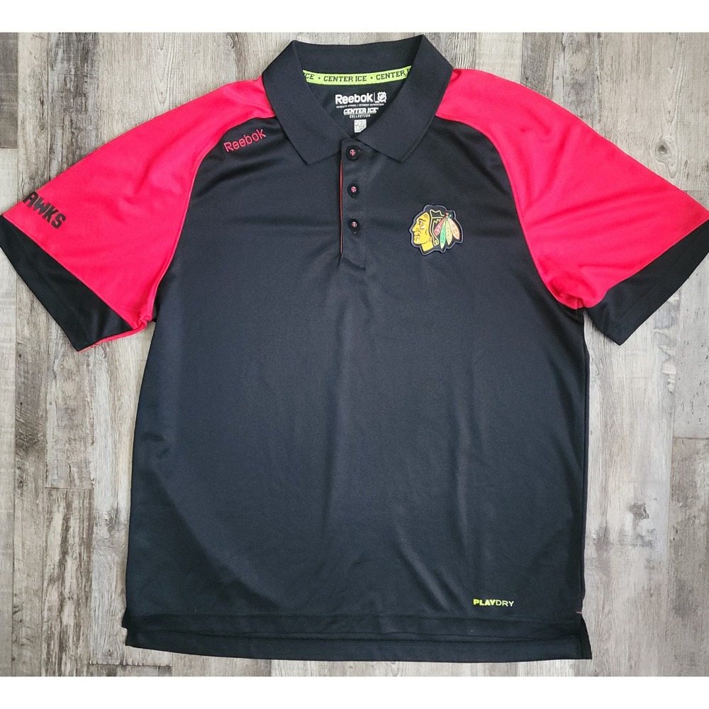 Reebok Polo Shirt Mens Large Black Red Chicago Blackhawks NHL Center Ice PlayDry